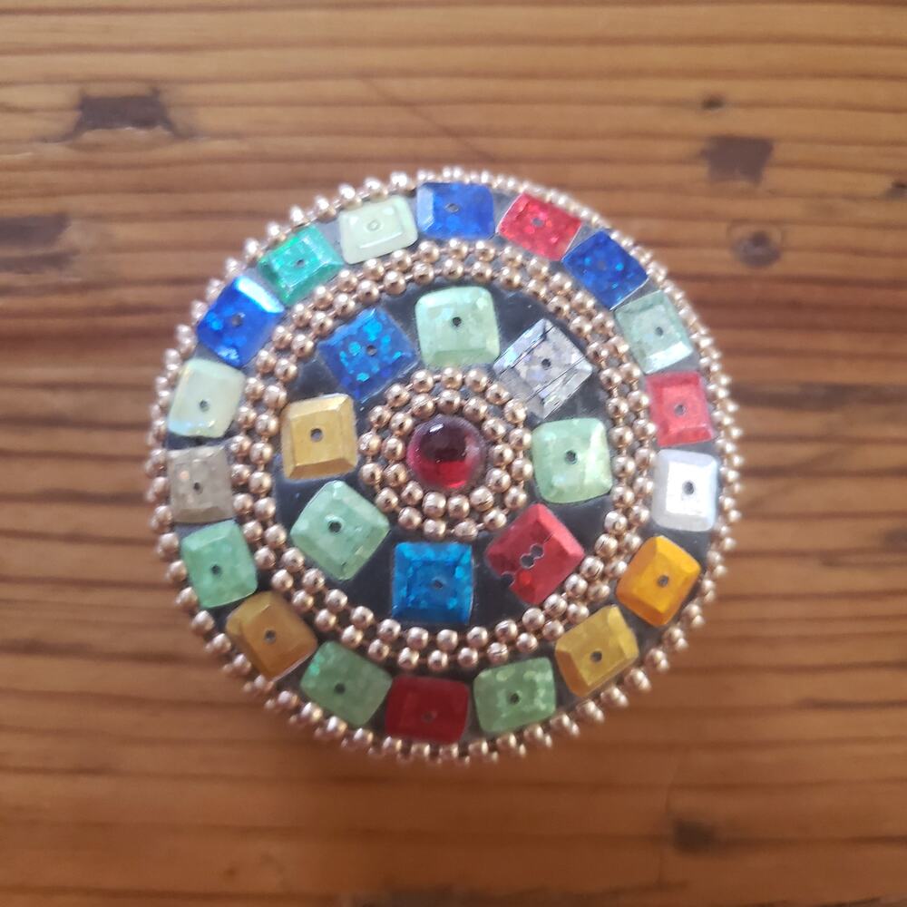 Mini Sequin Multicolored Tin Jewelry Trinket Circle Box Black Felt Inside Travel